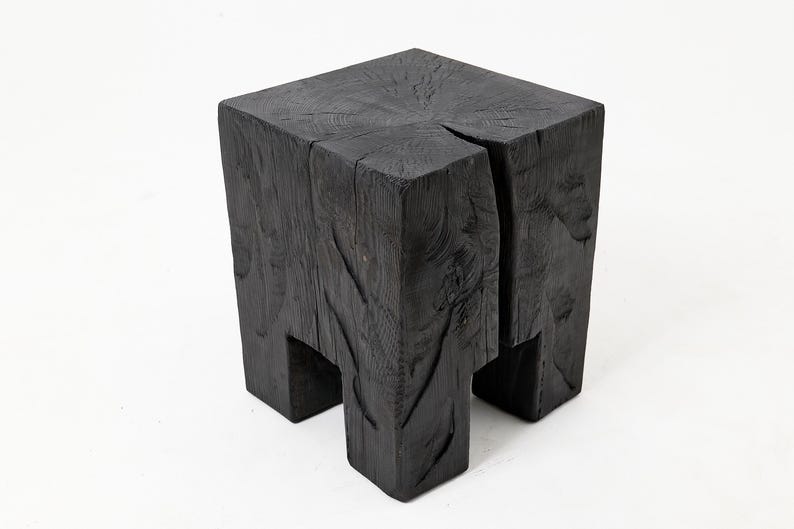 Rustic Sculptural Side Table / Stool, Burnt Black Oak Wood, Carved ...