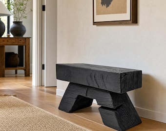 Rustic Sculptural Side Table / Stool, Burnt Black Oak Wood, Carved, Unique, Logniture