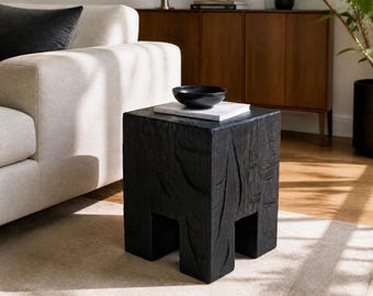 Rustic Sculptural Side Table / Stool, Burnt Black Oak Wood, Carved, Unique, Logniture