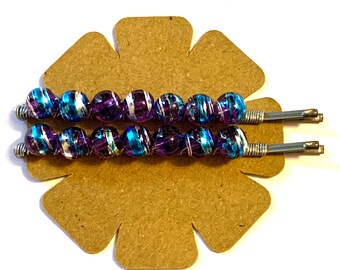 Set of Picture stone jasper gemstone beaded Bobby pins wire wrapped hair pins brown decorated hair accessories boho hippie handmade gift