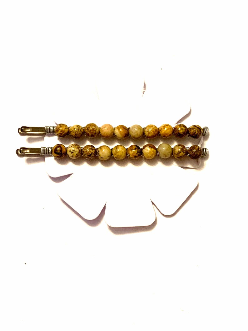 Set of Picture stone jasper gemstone beaded Bobby pins wire wrapped hair pins brown decorated hair accessories boho hippie handmade gift