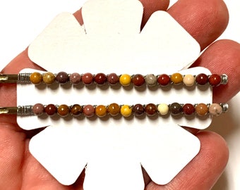 Set of Picture stone jasper gemstone beaded Bobby pins wire wrapped hair pins brown decorated hair accessories boho hippie handmade gift