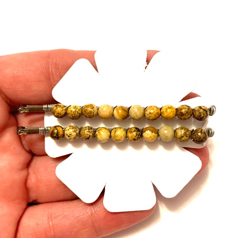Set of Picture stone jasper gemstone beaded Bobby pins wire wrapped hair pins brown decorated hair accessories boho hippie handmade gift