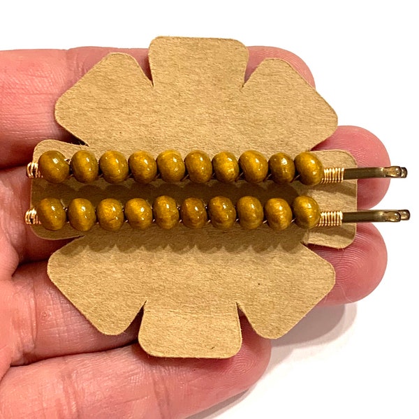 Set of light brown wood beaded Bobby pins wire wrapped hair pins boho hippie wooden hair accessories unique decorated hair clips handmade
