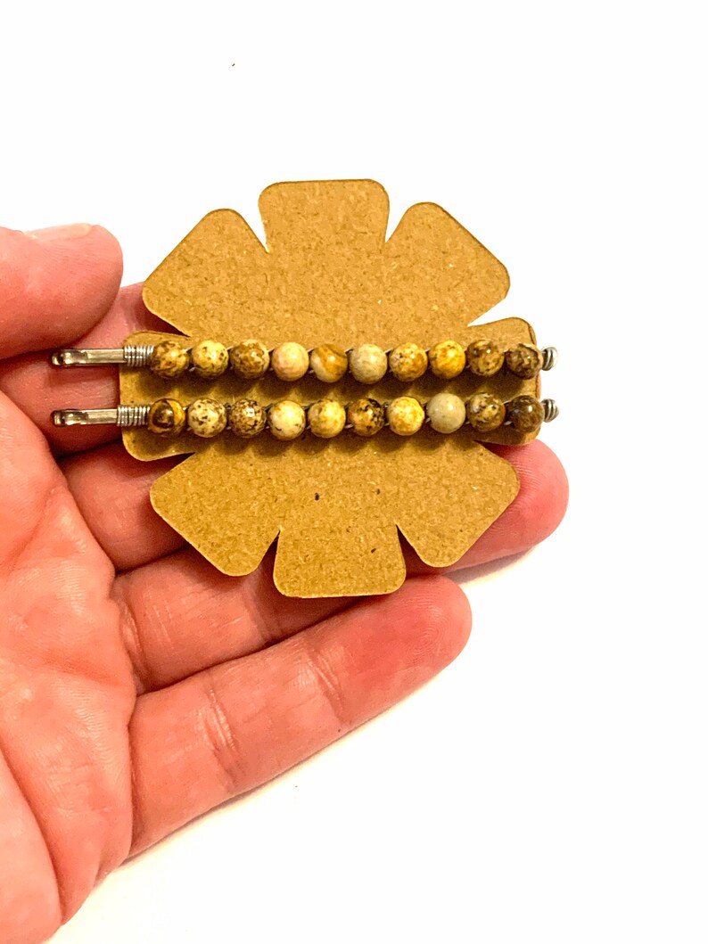 Set of Picture stone jasper gemstone beaded Bobby pins wire wrapped hair pins brown decorated hair accessories boho hippie handmade gift