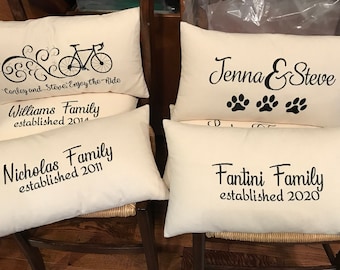 Personalized fully handmade in USA Embroidered Lumbar Pillow, custom Cotton Canvas