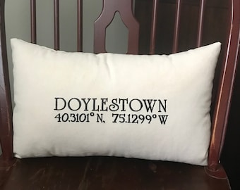Customized Longitude/Latitude Embroidered on custom made lumbar Pillow Handmade in USA