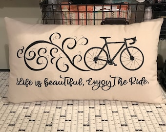 Embroidered "Life is Beautiful, Enjoy the ride" bike graphic pillow