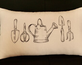 Embroidered handmade in USA Garden Tools cotton canvas Lumbar rectangular Pillow