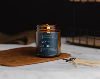 Tobac & Leather Soy Candle Gift | Wooden Wick Candle | Genuine Leather Scented Candle | Best Man Candle | Natural Candle | Groom Candle