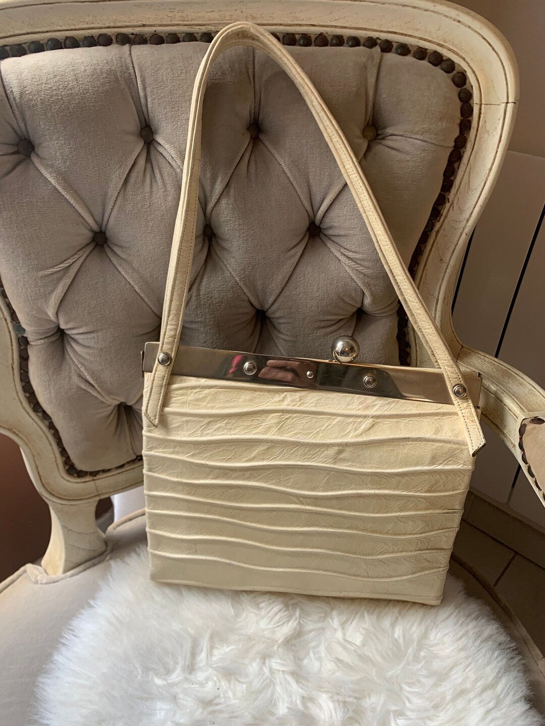 Pochette De Soirée Vintage Beige - Toile, Doublure Tissu - Occasion, Style Rétro