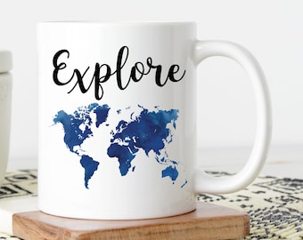 Explore Mug | World Map | Gift For Traveler | Wanderlust Mug | World Travel | Adventure Mug | Travel Quote | Travel Gift | Study Abroad