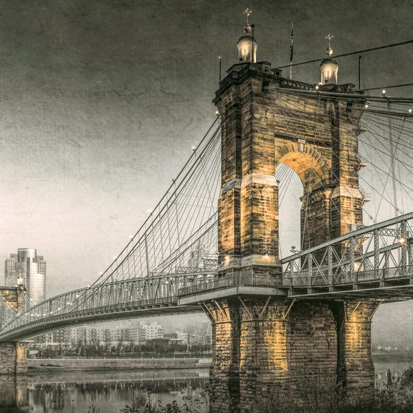 Cincinnati, Ohio - John A. Roebling Suspension Bridge silver and gold (4 Sizes fine Art Prints, Giclees)