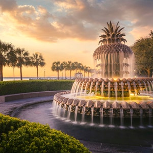 May include: A pineapple fountain with cascading water, surrounded by lush greenery and palm trees. The fountain is situated on a waterfront with a view of the ocean and a pier in the distance. The sky is a vibrant orange and pink, creating a beautiful sunset backdrop.