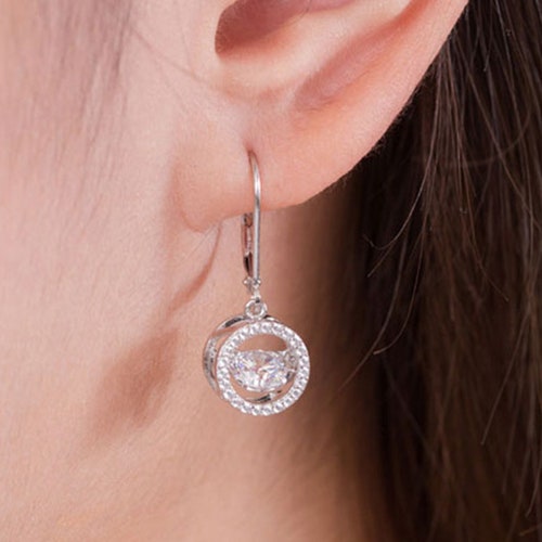 Dancing Stone Dangle Drop Earrings - 925 Silver Dangle Earrings - Halo Diamond Earrings - Lever Back Earrings - Round Dancing shops Stone Earring