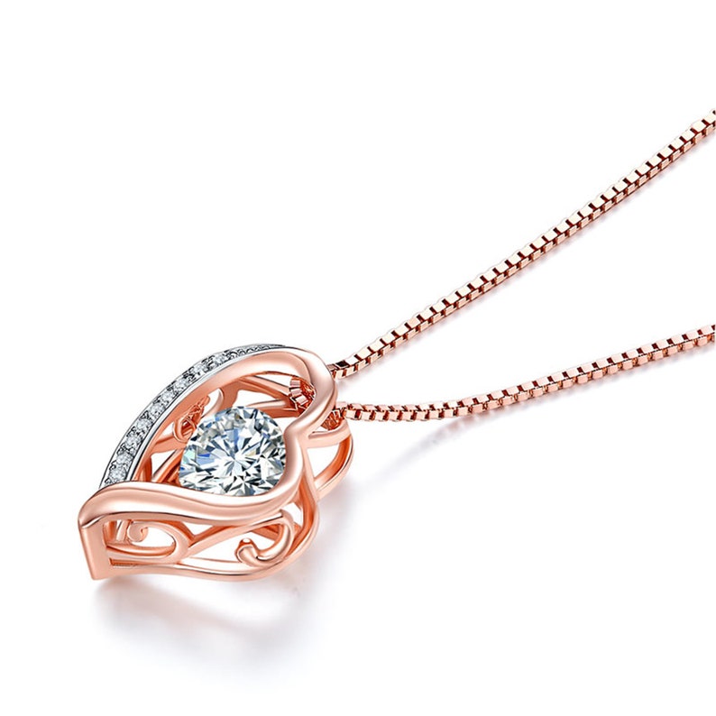 6.5mm Created Diamond Dancing Stone Heart Pendant Necklace Solid 925 Sterling Silver Rose Gold Plated Best friend gifts Heart Necklace