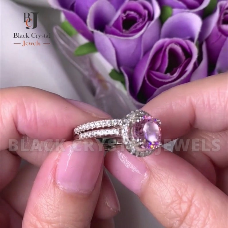 Halo Ring Set 2 Carat Pink Created Diamond Wedding Ring 14k Etsy