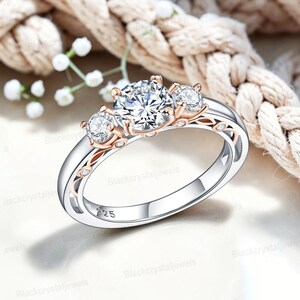 Vintage Style Three-Stone Ring: 1CT Round Simulated Diamond, Sterling Silver Filigree Bridal Jewelry