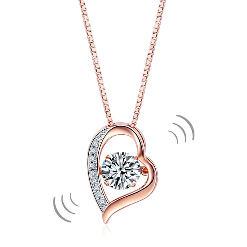 6.5mm Created Diamond Dancing Stone Heart Pendant Necklace Solid 925 Sterling Silver Rose Gold Plated Best friend gifts Heart Necklace