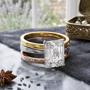 May include: A three-piece stackable ring set featuring a large emerald-cut clear gemstone set in a prong setting. The set includes one yellow gold band, one white gold or platinum band, and one rose gold band with a textured, hammered finish.