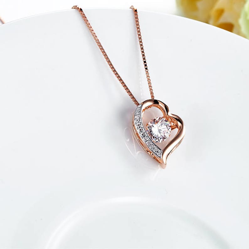 6.5mm Created Diamond Dancing Stone Heart Pendant Necklace Solid 925 Sterling Silver Rose Gold Plated Best friend gifts Heart Necklace