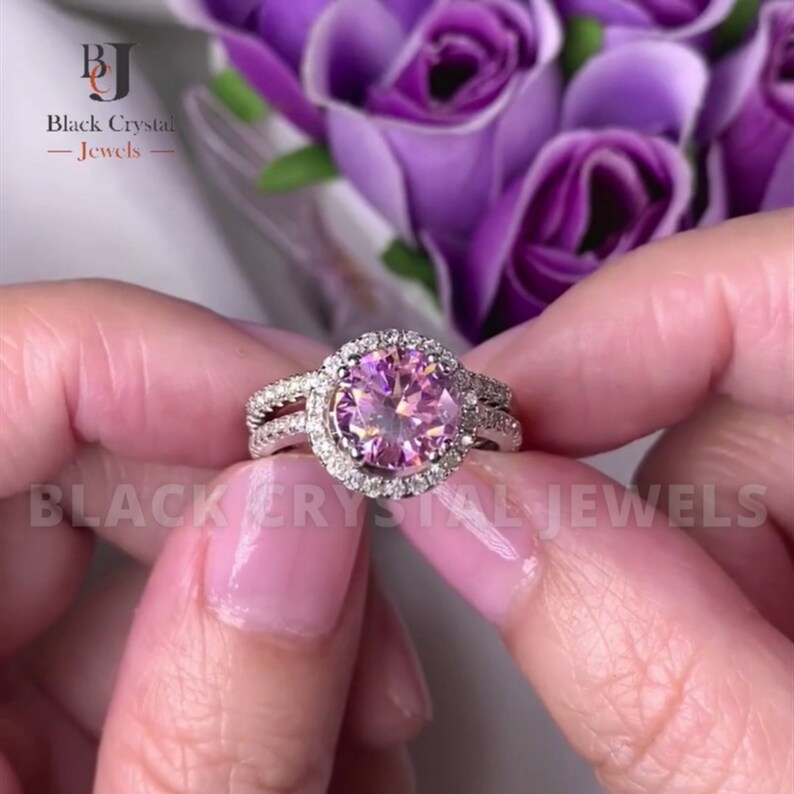 Halo Ring Set 2 Carat Pink Created Diamond Wedding Ring 14k Etsy