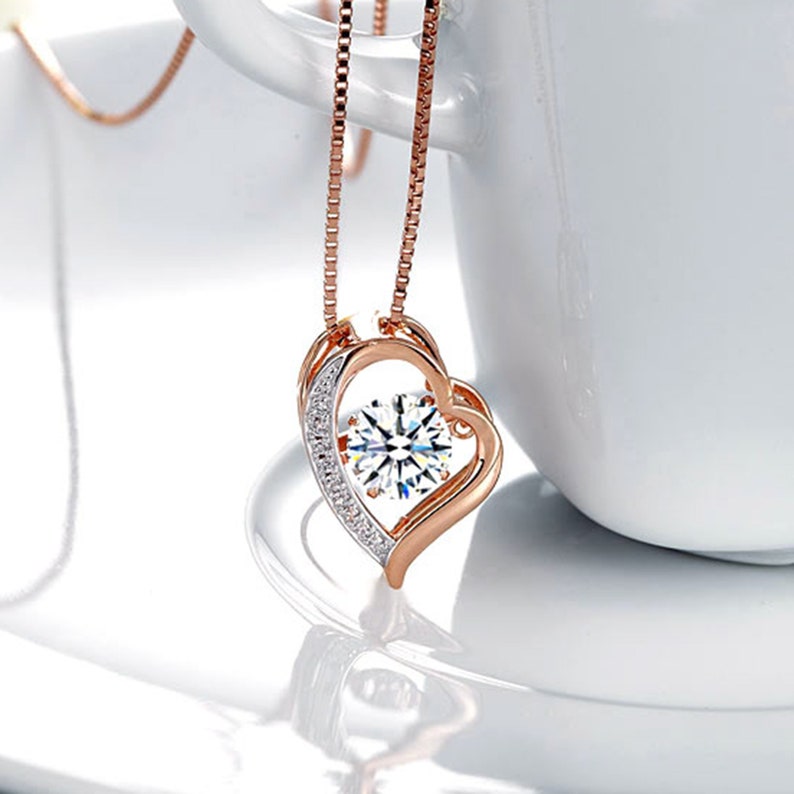 6.5mm Created Diamond Dancing Stone Heart Pendant Necklace Solid 925 Sterling Silver Rose Gold Plated Best friend gifts Heart Necklace