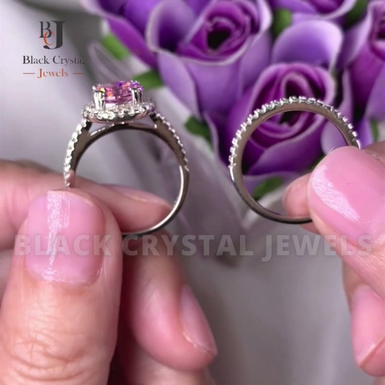 Halo Ring Set 2 Carat Pink Created Diamond Wedding Ring 14k Etsy