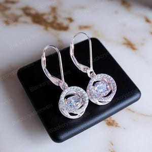 Dancing Stone Dangle Drop Earrings - 925 Silver Dangle Earrings - Halo Diamond Earrings - Lever Back Earrings - Round Dancing Stone Earring