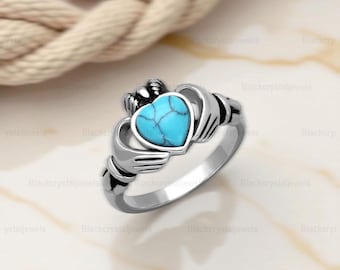 Heart Synthetic Turquoise Claddagh Ring | 316 Stainless Steel Celtic Irish Promise Jewelry