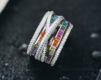 Colorful Cross Ring, Rainbow Ring, Multi Layers CZ, Criss Cross Band, 18K Yellow Gold Plated 925 Sterling Silver Ring, Religious Jewelry