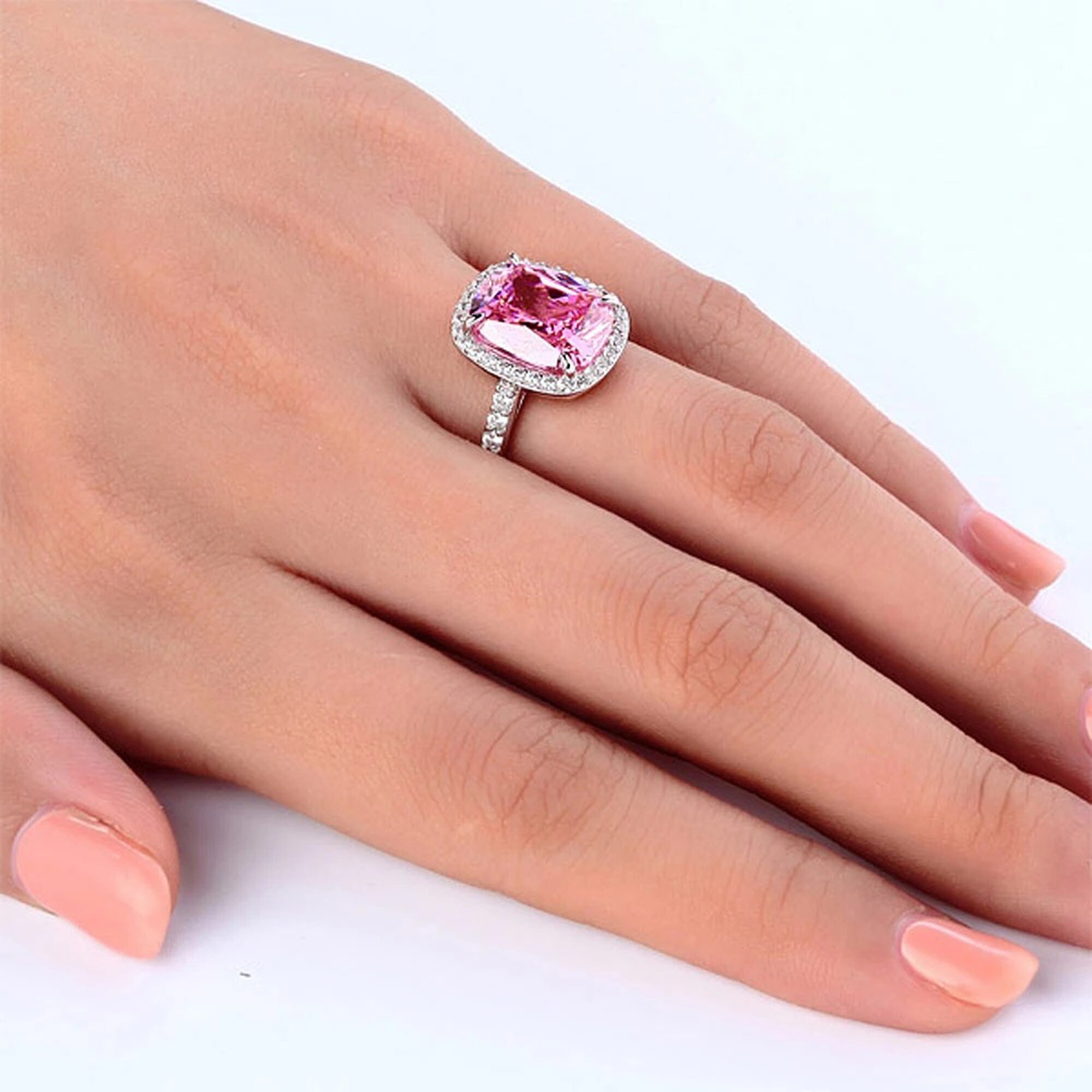 6Ct Cushion Ring Fancy Pink Created Diamond Halo Ring 925 Etsy