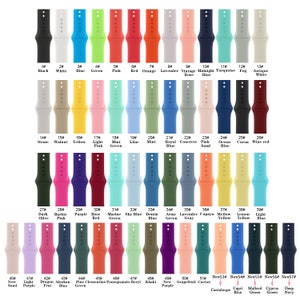 May include: A chart of 60 different colored Apple Watch bands. The bands are arranged in rows of 10, with each band numbered. The bands are made of silicone and come in a variety of colors, including black, white, blue, green, pink, red, orange, lavender, vintage rose, midnight blue, turquoise, fog, antique white, stone, walnut, yellow, light pink, mint green, lilac, mint, royal blue, concrete, pink sand, ocean blue, coroa, wine red, dark olive, barbie pink, purple, rose red, marine green, sky blue, denim blue, army green, lavender gray, papaya, mellow yellow, lemon yellow, light blue, new sand, light purple, dragon fruit, alaskan blue, pine green, clementine, pomegranate, beryl, khaki, new purple, grapefruit, cactus, cantaloupe, capri blue, mallard green, cyprus green, and deep navy.