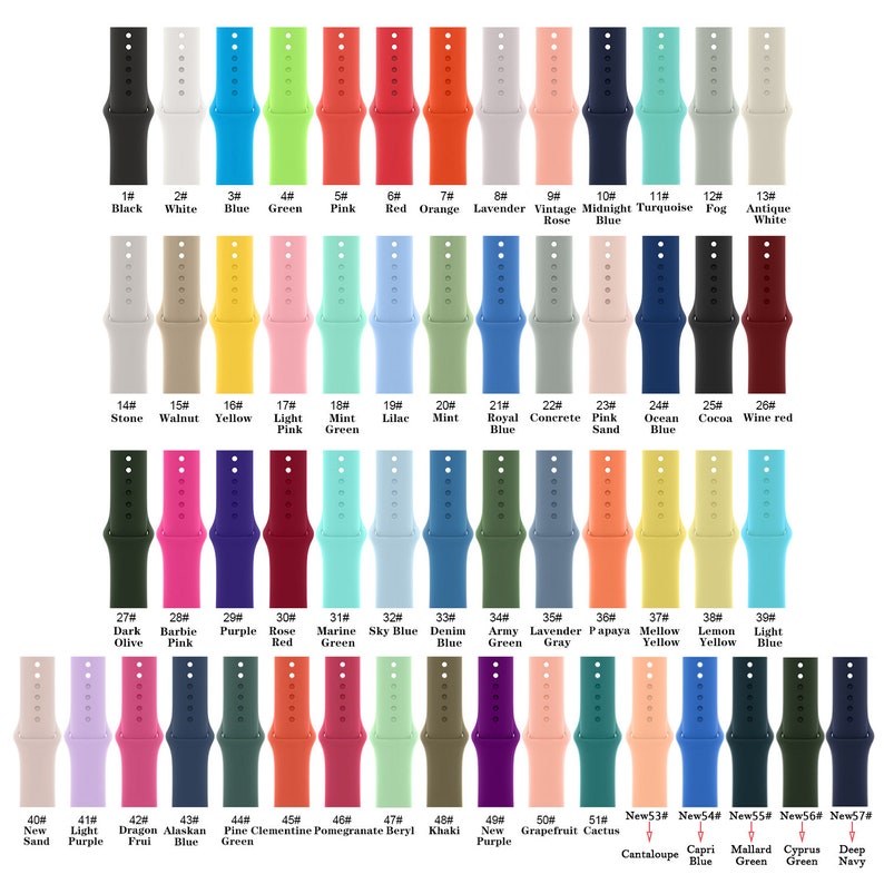 May include: A chart of 60 different colored Apple Watch bands. The bands are arranged in rows of 10, with each band numbered. The bands are made of silicone and come in a variety of colors, including black, white, blue, green, pink, red, orange, lavender, vintage rose, midnight blue, turquoise, fog, antique white, stone, walnut, yellow, light pink, mint green, lilac, mint, royal blue, concrete, pink sand, ocean blue, coroa, wine red, dark olive, barbie pink, purple, rose red, marine green, sky blue, denim blue, army green, lavender gray, papaya, mellow yellow, lemon yellow, light blue, new sand, light purple, dragon fruit, alaskan blue, pine green, clementine, pomegranate, beryl, khaki, new purple, grapefruit, cactus, cantaloupe, capri blue, mallard green, cyprus green, and deep navy.