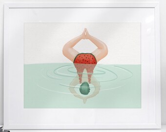 Illustration, Women Jumping into the Sea in Watermelon Swimsuit