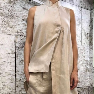 Women Linen Costume, Summer Linen Set, Asymmetric Set, Linen Loose Bottom Trousers, Summer linenTop, Womens Blouse, ConceptBG