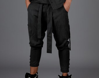 Black Wool Drop Crotch Pants: Japanese Streetwear With Belted