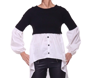 Knit & Cotton Asymmetric Blouse: Cold Shoulder Long Sleeve Top