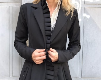 Avant-Garde Women&#39;s Blazer – Designer Jacket with Pleated Front & Side Buttons | Italian Wool Blend | All-Season Artistic Statement Piece ,