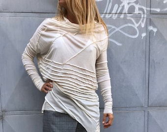 Camicetta firmata, Top da donna stravagante, Camicetta decorata, Camicia da donna, Top da donna bianco, Camicetta casual, ConceptBG