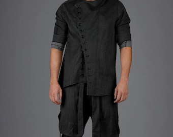 Handmade Asymmetric Denim Shirt: Men's Avant-Garde Urban Top