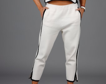 Women Sport Pants, Casual Pants, , White Pants, Designer Pants, Pants with Slit, ConceptBG