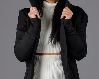 Asymmetric Women Jacket, Black Jacket, Neoprene Coat, Long Sleeves Cardigan, Fashion Outerwear, Zipper Cardigan, ConceptBG