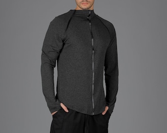 Handmade Italian Cotton Long Sleeve Shirt: Men's Designer Jersey Top with Faux Leather Trim