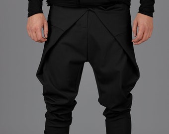パンツ WOOL DROP CLOTH PANTS Men's Black Wool Blend Drop Crotch Pants: Japanese Origami Style