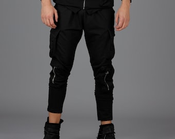 Handgemachte italienische Strick-Joggerhose: Schwarze Cargo-Jogginghose