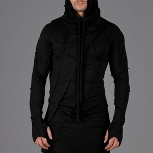 Men&#39;s Two-Piece Black Long Sleeve Hoodie Top – Layered Avant-Garde Shirt with Removable Sleeveless Hood, Handmade from Italian Cotton Blend