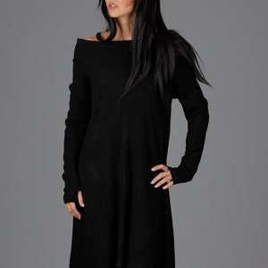 Asymmetric Dress, Knit Dress, Long Dress, Off Shoulder Dress, Designer Dress, Long Tunic, Black Dress, Cold Shoulder Dress, ConceptBG ,