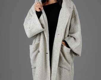 Ręcznie robiony płaszcz z kaszmiru i wełny angora - obszerny kardigan / luksusowy wełniany płaszcz