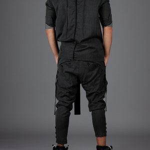 Men&#39;s Black Drop Crotch Pants with Hip Button Detail – 100% Italian Cotton Designer Trousers / ConceptBG  /  Festivals, Casual Events
